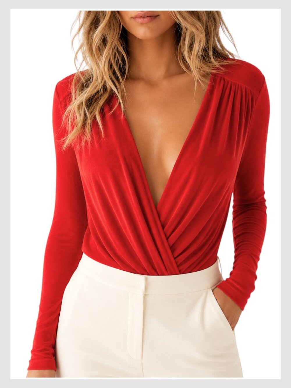 Free People FP Movement Turnt Bodysuit Red Plunge Wrap Long Sleeve S